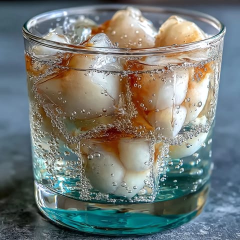 See translucent lychee jelly cubes elegantly set in bubbly, citrusy yuzu water.
