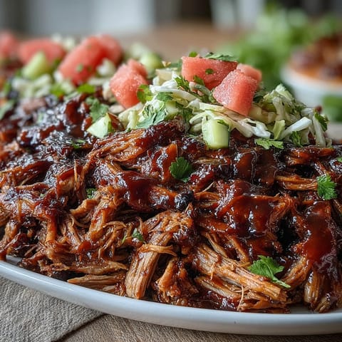 Smoky Juneteenth BBQ Pulled Pork with vibrant watermelon slaw, a sweet and savory delight.