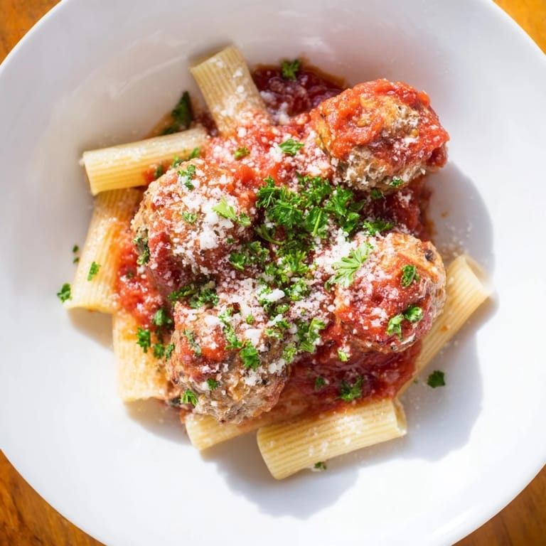 A plate of flavorful turkey meatballs, with a generous drizzle of sauce and fresh parsley.