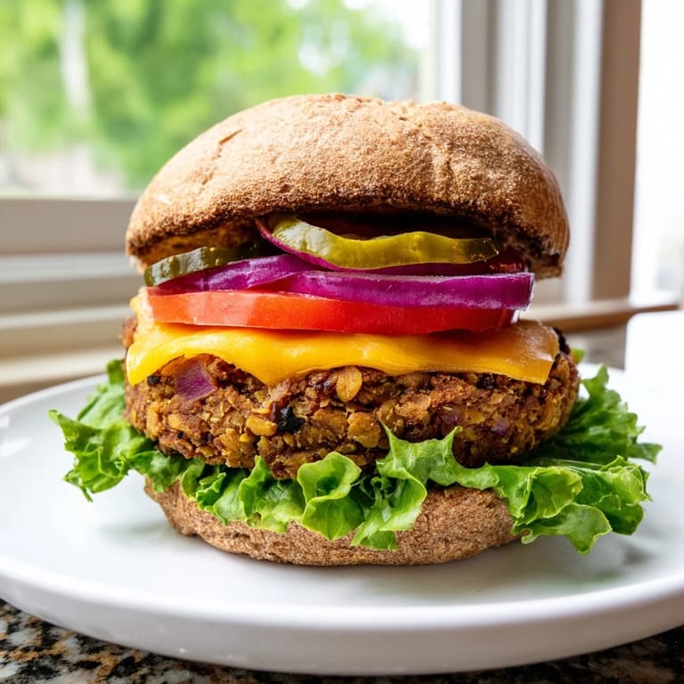 Close-up of a flavorful veggie burger, showcasing a hearty plant-based patty with cheese.