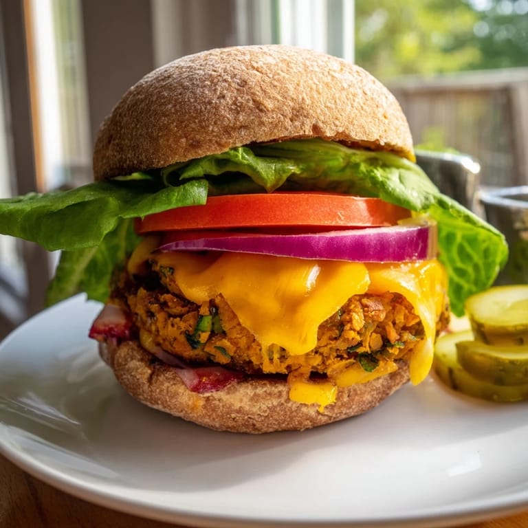 Golden-brown veggie burger patty on a toasted bun, smelling delicious with fresh garnishes.