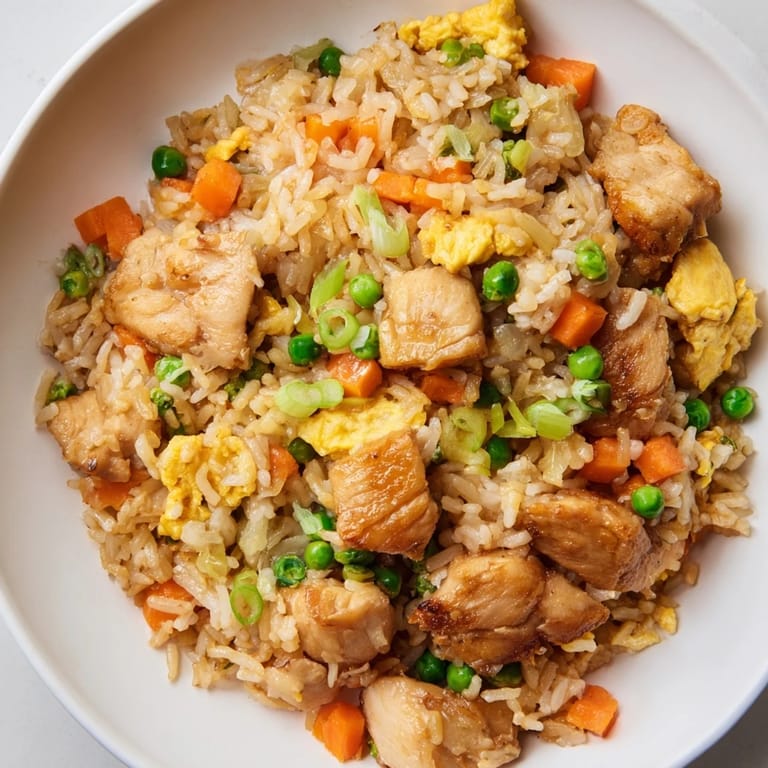 Savory Chicken Fried Rice, featuring perfectly cooked chicken and vegetables, ready to be served.