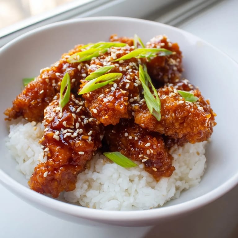Golden fried chicken in a spicy sauce, the delicious General Tso's Chicken is a dinner favorite.