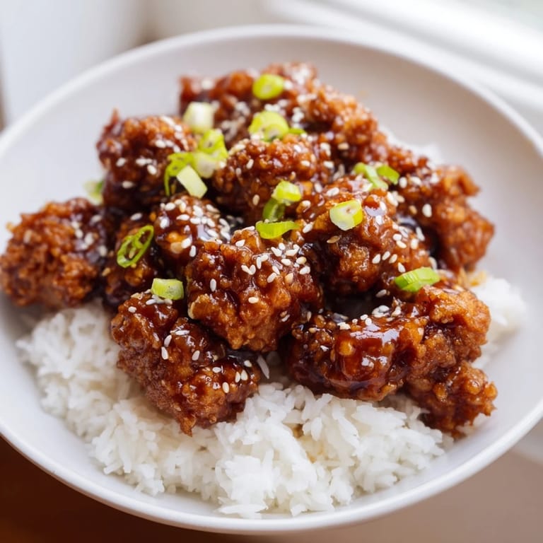 Steaming white rice is pictured under a generous portion of flavorful General Tso's Chicken.