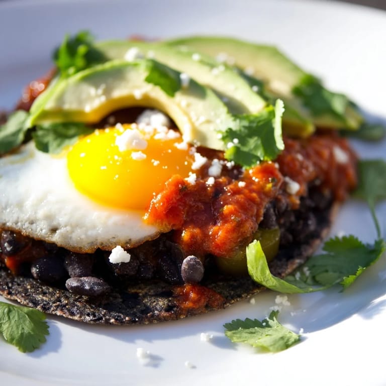 Delicious Huevos Rancheros, a classic Mexican breakfast with fresh cilantro garnish and lime.
