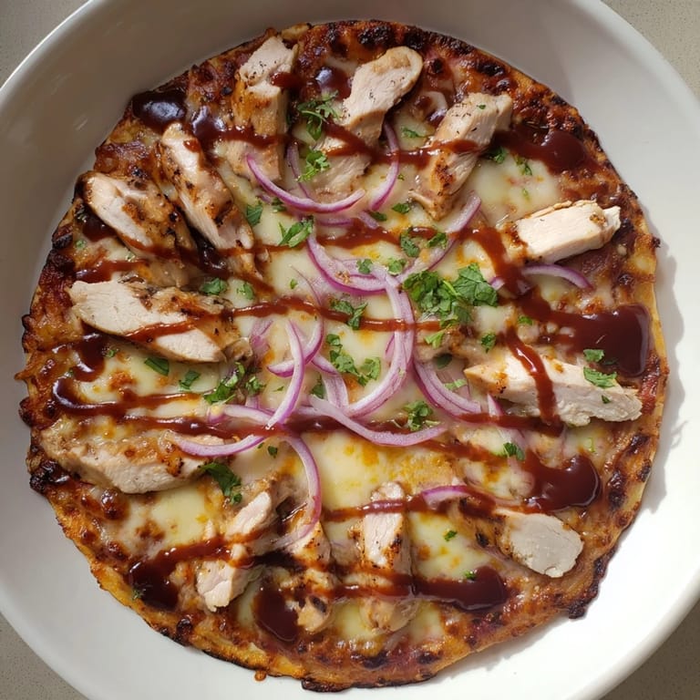 A close-up of delicious Chicken BBQ Pizza with a tangy sauce, perfect for a casual dinner.