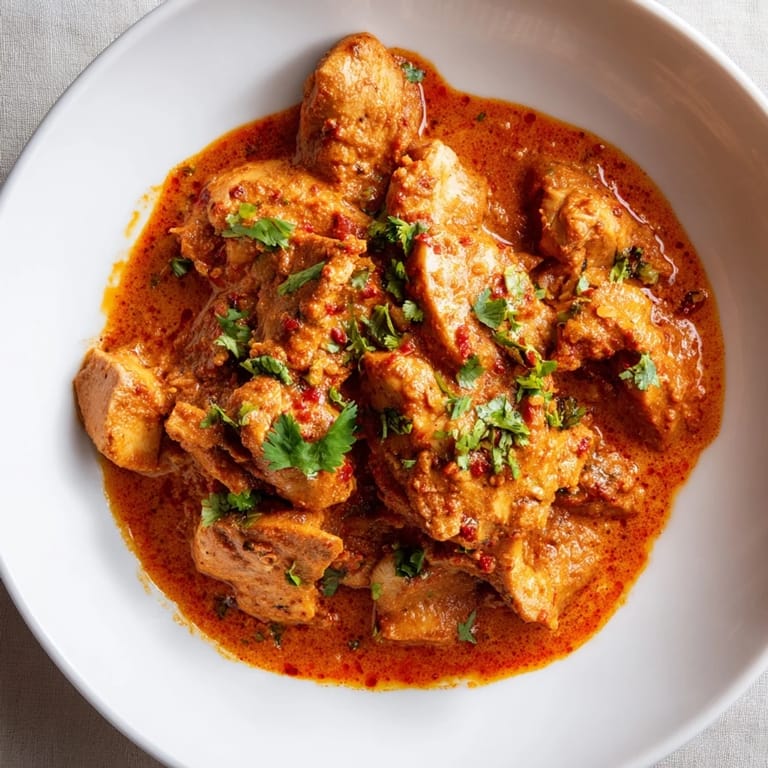 Bright red Chicken Tikka Masala glistens, ready to be scooped up with warm naan bread for dinner.