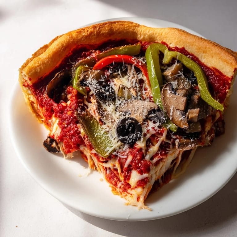 A close-up image shows a Chicago-style Deep Dish Pizza loaded with cheese and delicious toppings.