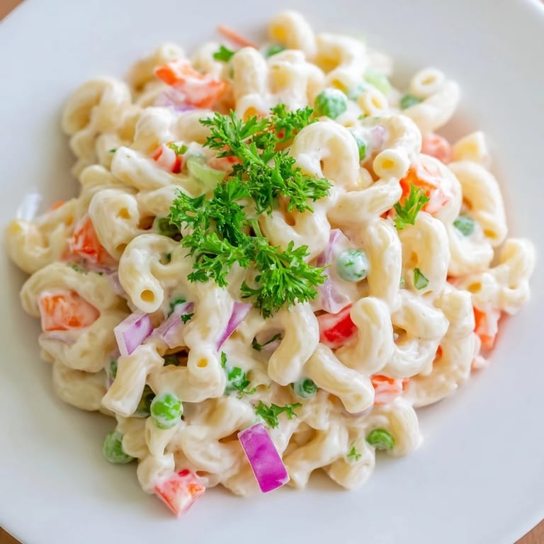 A close-up of a vibrantly dressed macaroni salad, perfect for a picnic side dish.