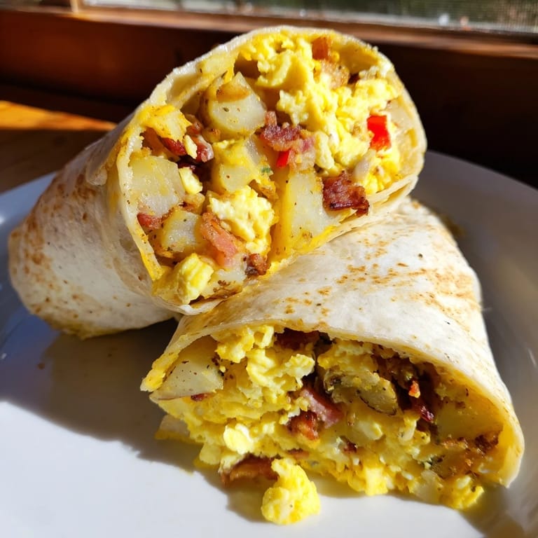 A delicious, warm Breakfast Burrito with flaky tortillas, cheese oozing around a filling of scrambled eggs.