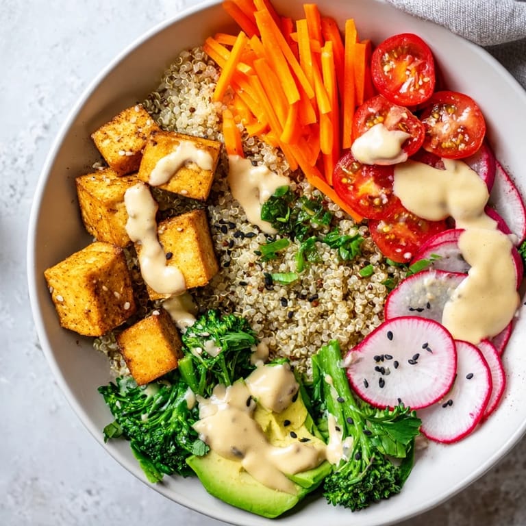 Vivid image of a hearty Buddha Bowl, featuring quinoa, fresh veggies, and savory tofu, ready to devour.