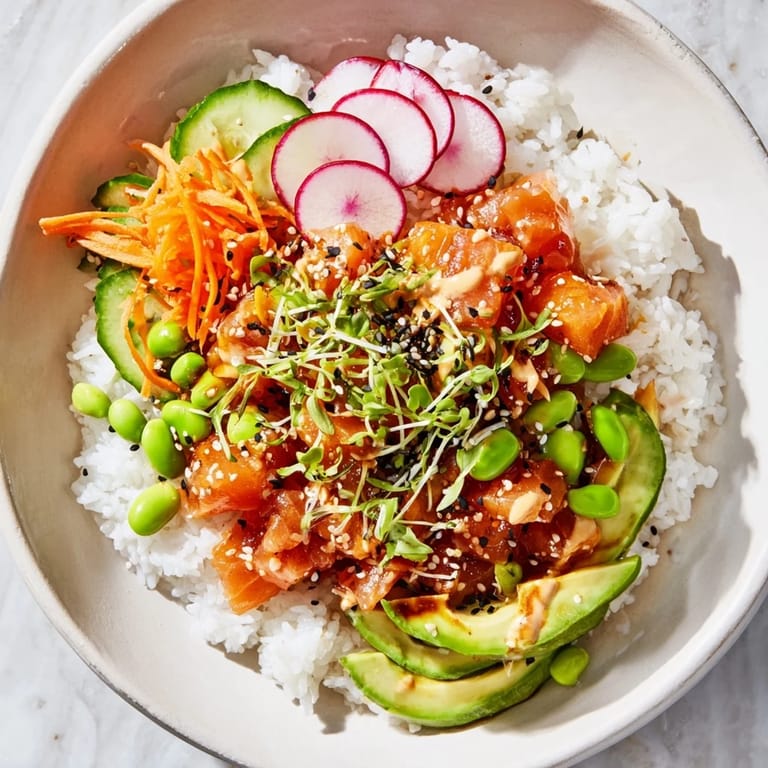 This poke bowl recipe shows beautifully layered ingredients: rice, fish, vegetables, and creamy sauces for your taste.