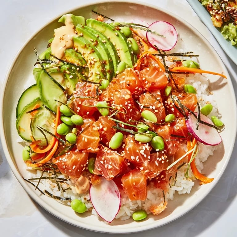Enjoy a close-up image of a fresh poke bowl filled with rice, marinated salmon, and crunchy vegetables on top.