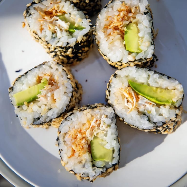 A close-up of a finished California Roll, garnished with sesame seeds and ready to dip in soy sauce.