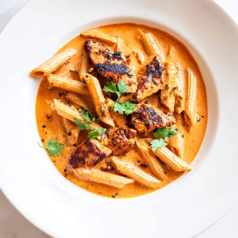 Savory Chicken Tikka Pasta plated for four, garnished with cilantro and ready to serve with garlic naan on the side.