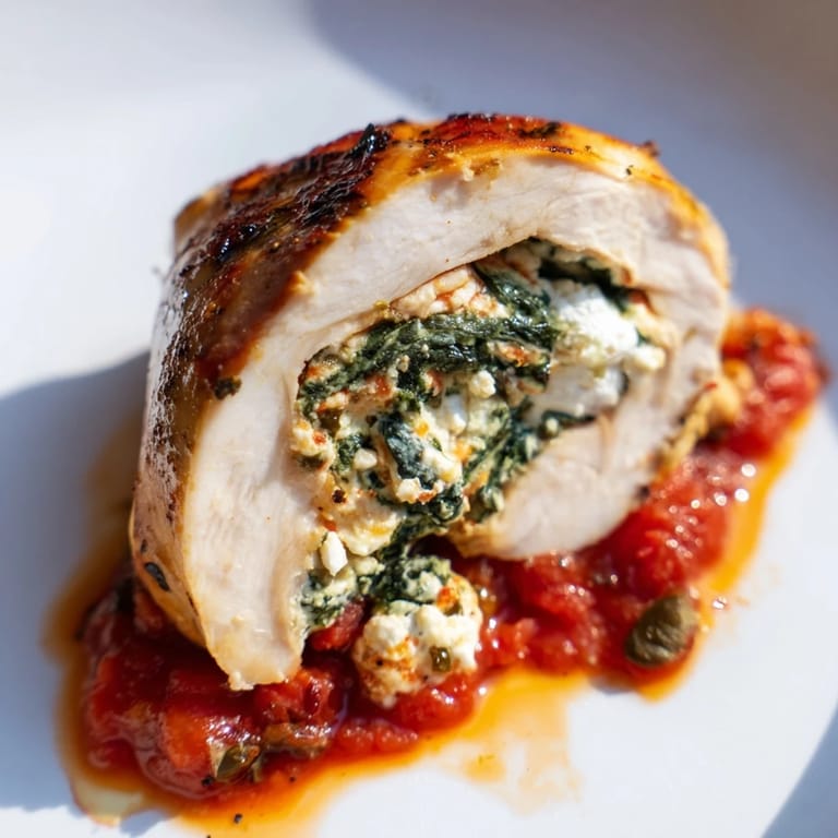 Tender slices of Spinach Ricotta Stuffed Chicken revealing the creamy green spinach and ricotta filling on a white plate.