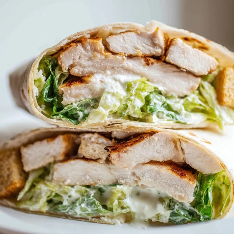 A close-up of a Caesar Chicken Salad Wrap cut in half, revealing layered romaine, grilled chicken, and grated parmesan on a plate.  