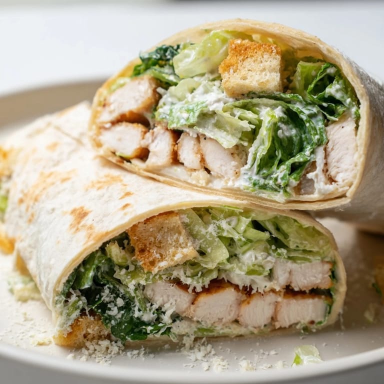 Handheld Caesar Chicken Salad Wrap on a wooden table, drizzled with creamy dressing beside mixed greens for an easy lunch.