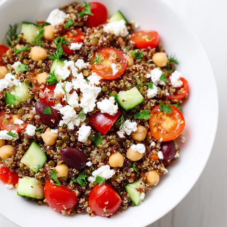 A vibrant bowl of Greek Power Salad featuring chickpeas, quinoa, lentils, and crisp vegetables, ready for a nutritious vegetarian lunch.  
