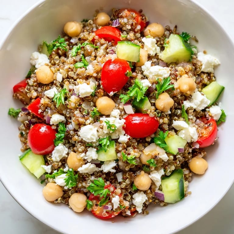 Hearty Greek Power Salad with protein-packed lentils, chickpeas, and quinoa, mixed with olives, feta, and a tangy Mediterranean vinaigrette.