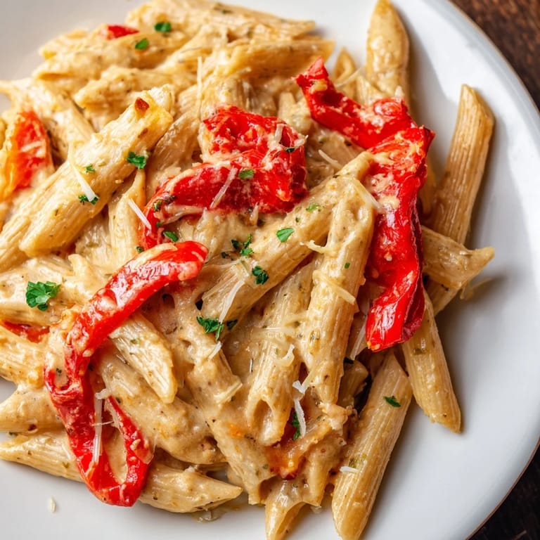 A skillet of Creamy Cajun pasta shows rich sauce coating penne, alongside a glass of white wine.