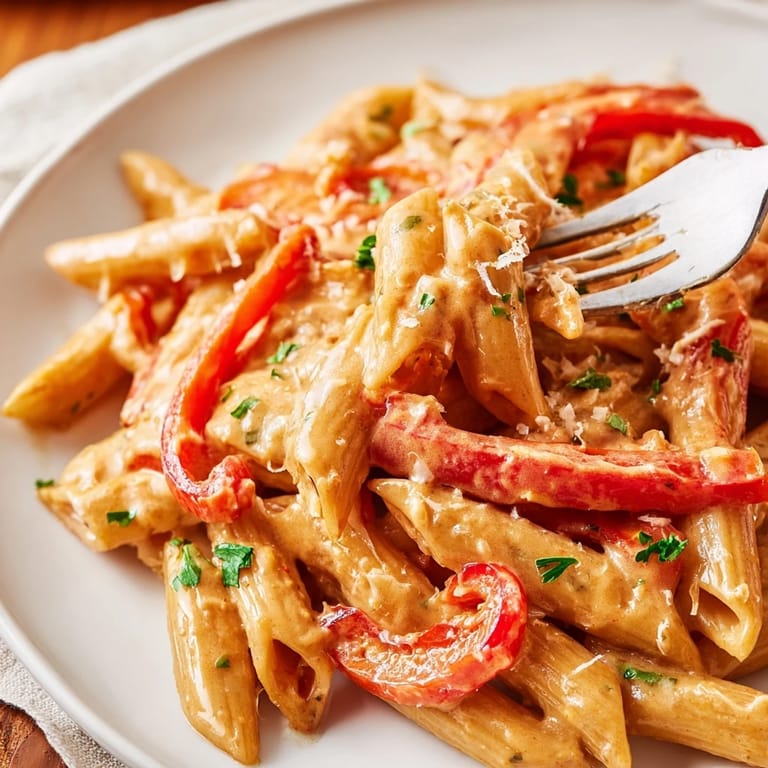 Close-up of Creamy Cajun pasta highlights grated Parmesan, steamy noodles, and vibrant roasted peppers on a rustic table.