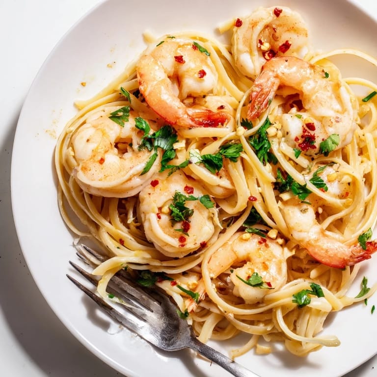 Garlic Butter Shrimp Linguine garnished with fresh parsley and lemon zest, served on a white plate for a classic Italian-American dinner.