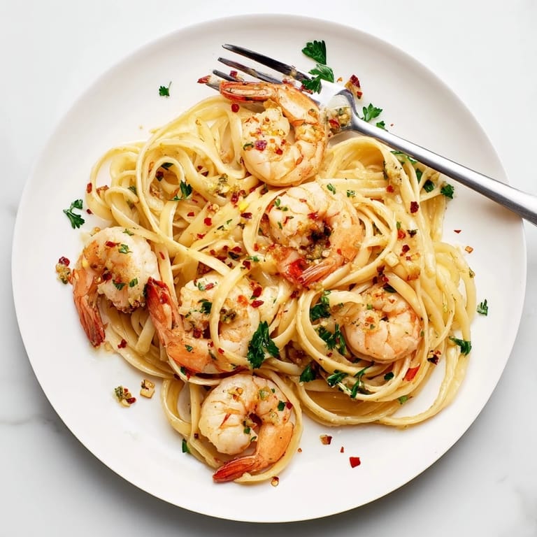 Garlic Butter Shrimp Linguine tossed with al dente pasta, topped with optional Parmesan, ready to be enjoyed as a quick main dish.