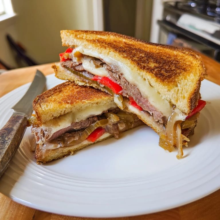 Plated next to a crisp green salad, this Philly cheesesteak grilled cheese features caramelized onions and bell peppers inside a golden, buttery crust.