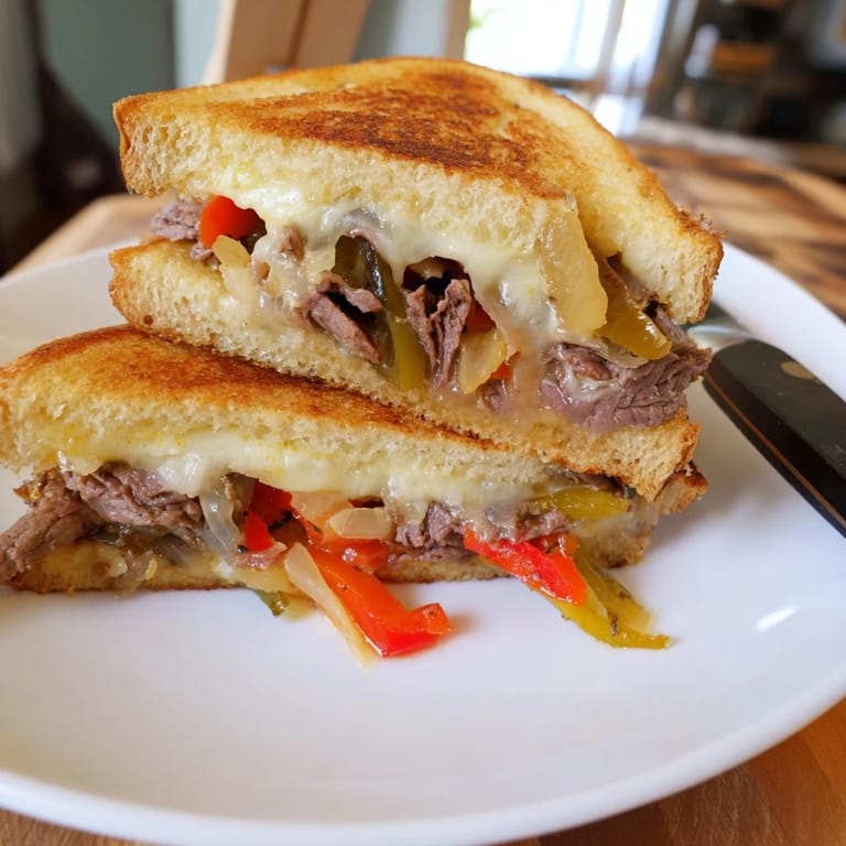 The Philly cheesesteak grilled cheese sandwich is shown cut in half, revealing a rich, gooey layer of provolone and steak between crispy bread.