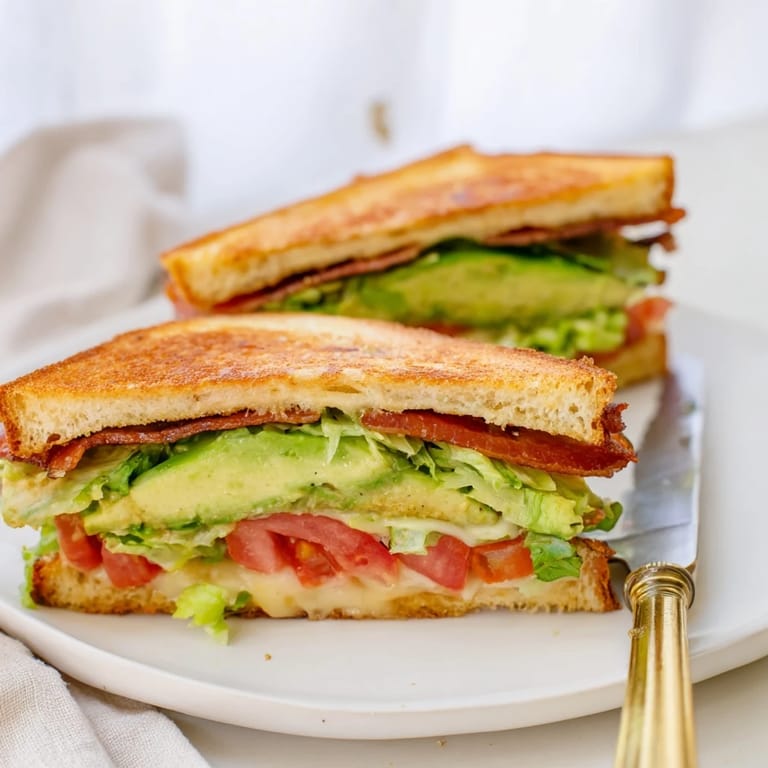 Perfectly melted Monterey Jack cheese envelops the Avocado BLT Grilled Cheese with crispy bacon and fresh veggies.