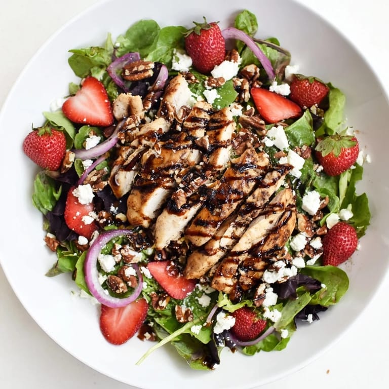 Vibrant honey balsamic chicken salad with juicy strawberries, creamy goat cheese, and toasted pecans atop a bed of fresh greens.