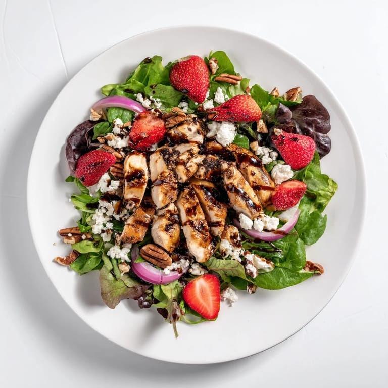 A plated honey balsamic chicken salad, featuring tender sliced chicken, sweet strawberries, and tangy goat cheese, ready for a light lunch.