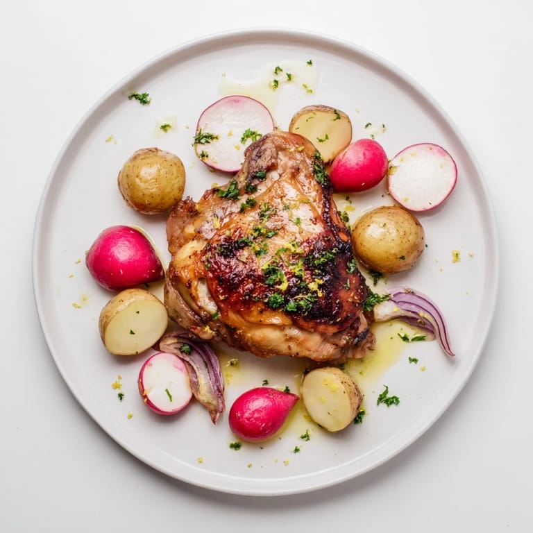 Easy sheet pan dinner featuring crispy chicken thighs, roasted radishes, and potatoes, served hot from the oven with fresh parsley.