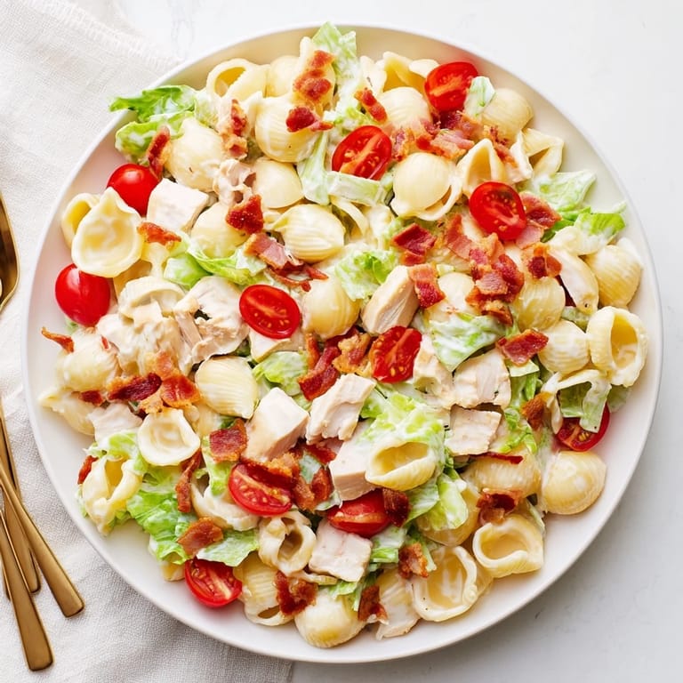 Serving suggestion for BLT Chicken Pasta Salad: fresh pasta shells with smoky bacon crumbles, diced grilled chicken, and vibrant lettuce, perfect for picnics.  