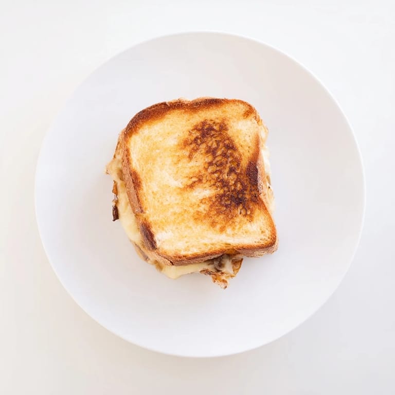 Served hot and sliced in half, this vegetarian Caramelized Onion & Gruyère Grilled Cheese reveals a rich, savory filling perfect with a side salad.