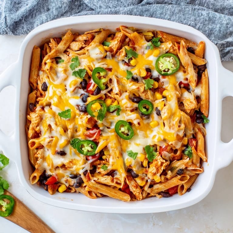 This Chicken Burrito Pasta Bake is scooped from a baking dish, revealing tender shredded chicken, black beans, corn, and red bell peppers mixed with penne.  