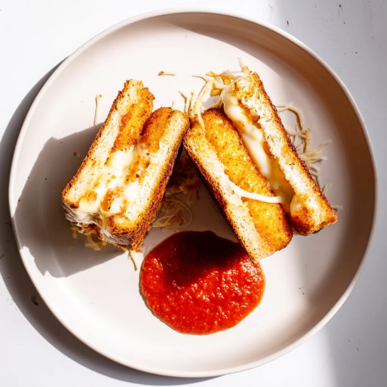 Crispy grilled cheese sandwich featuring mozzarella sticks inside, golden brown and perfectly melted, ready to serve with marinara for a delicious dip.