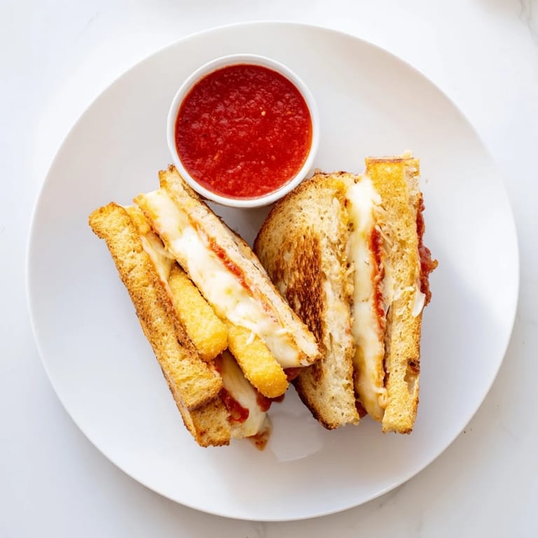 Homestyle grilled cheese with mozzarella sticks layered between two slices of sourdough, grilled until golden and served warm with marinara dipping sauce.
