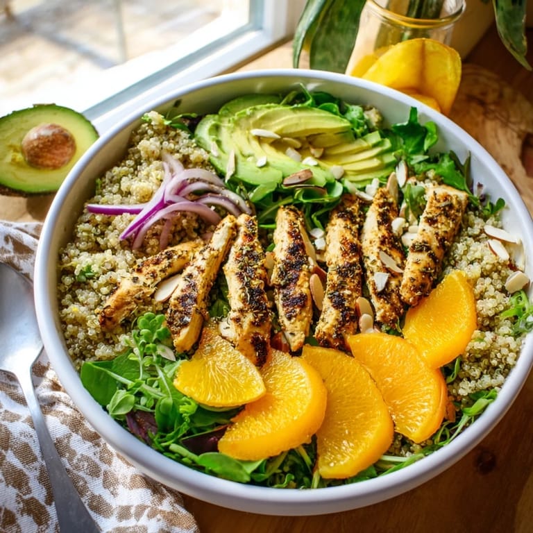 Healthy Citrus Herb Chicken Salad Bowl topped with juicy oranges, red onion, and almonds, finished with citrus vinaigrette for a refreshing meal.