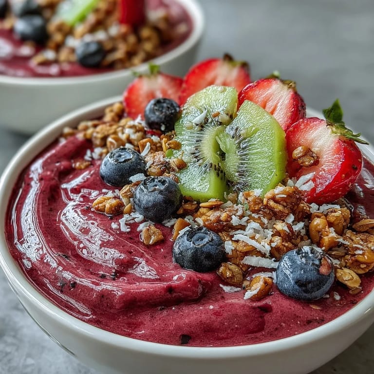 Beautifully topped pink beet and berry smoothie bowl ready for breakfast.
