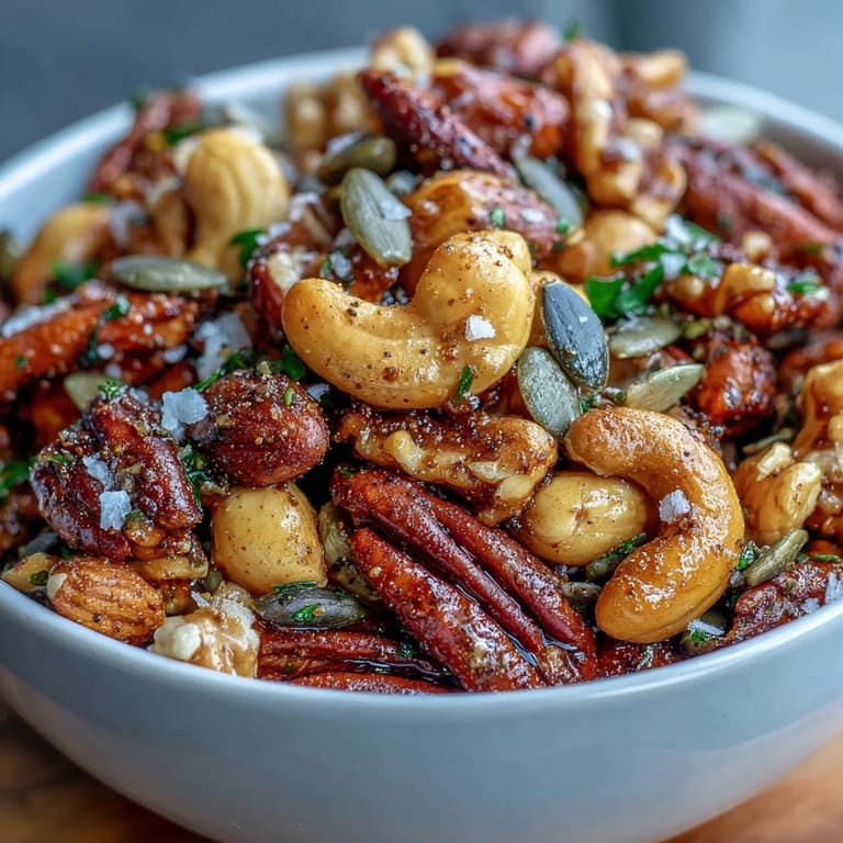 A vibrant, crunchy spiced nuts and seeds mix seasoned with smoky paprika and turmeric.