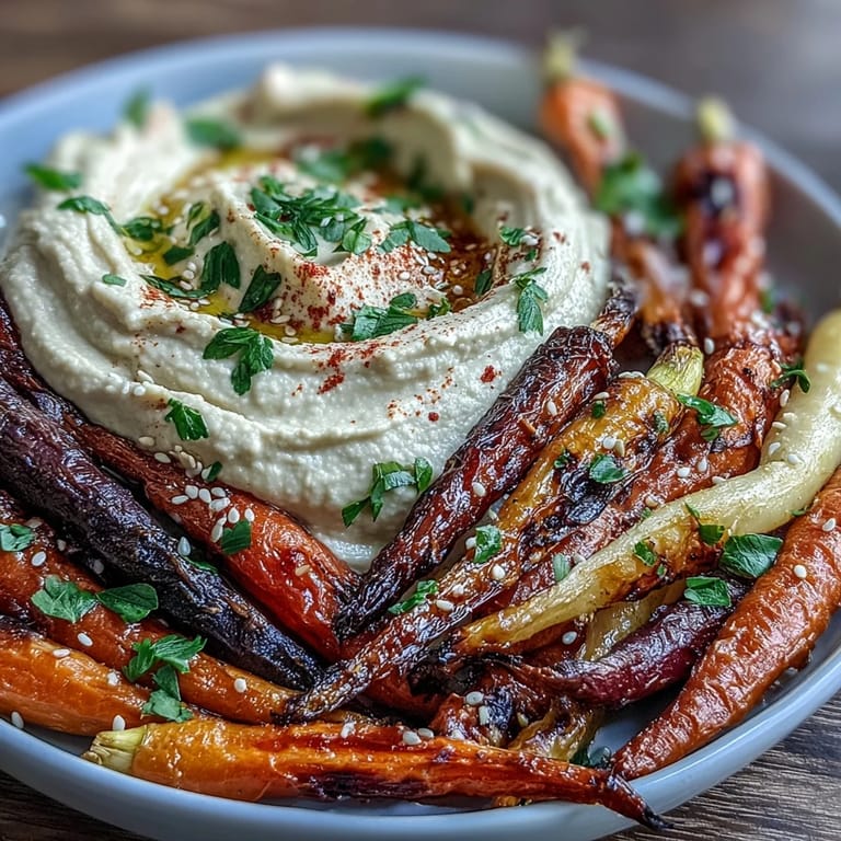 Oven-roasted rainbow carrots with golden edges beside a bowl of homemade hummus, garnished with smoked paprika.