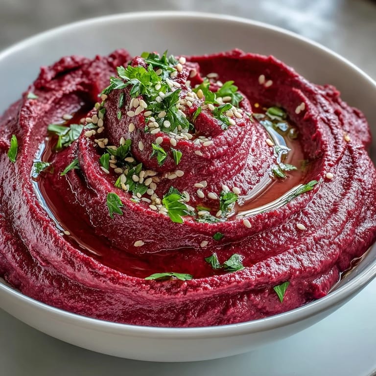 A creamy bowl of Roasted Beet Hummus with pita chips and fresh vegetable crudités on a wooden table.
