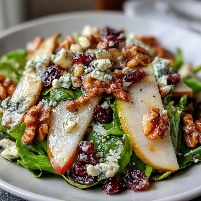 Vibrant Pear Gorgonzola Salad, a delightful mix of crisp greens and tangy blue cheese.