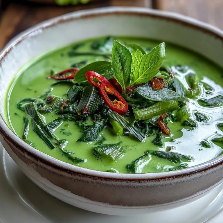 Steaming pot of vibrant Spinach Coriander Lemongrass Soup with fresh spinach leaves and herbs.
