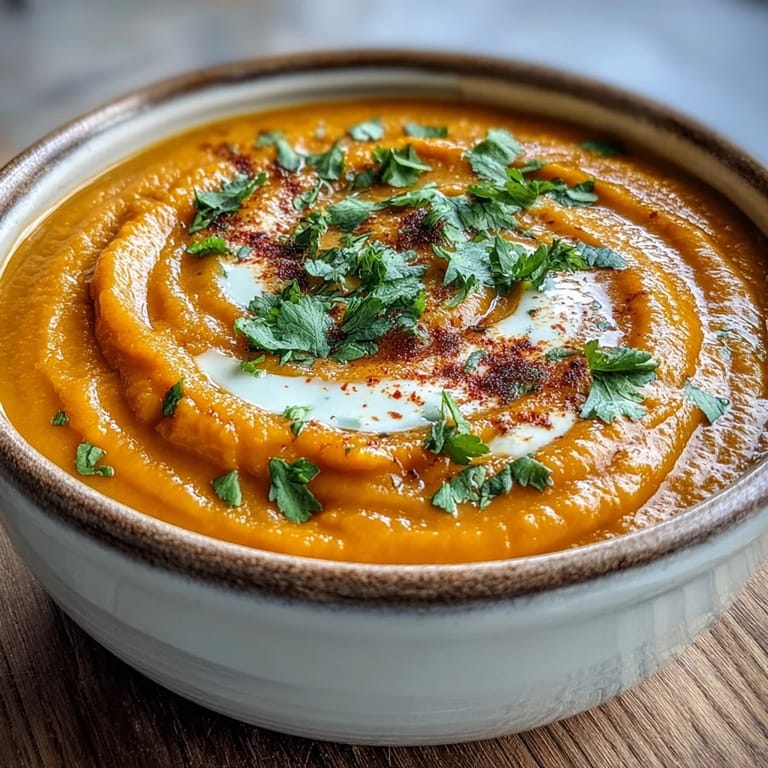 A rustic white bowl holds Carrot, Celeriac and Chilli Soup served with crusty gluten-free bread on the side.