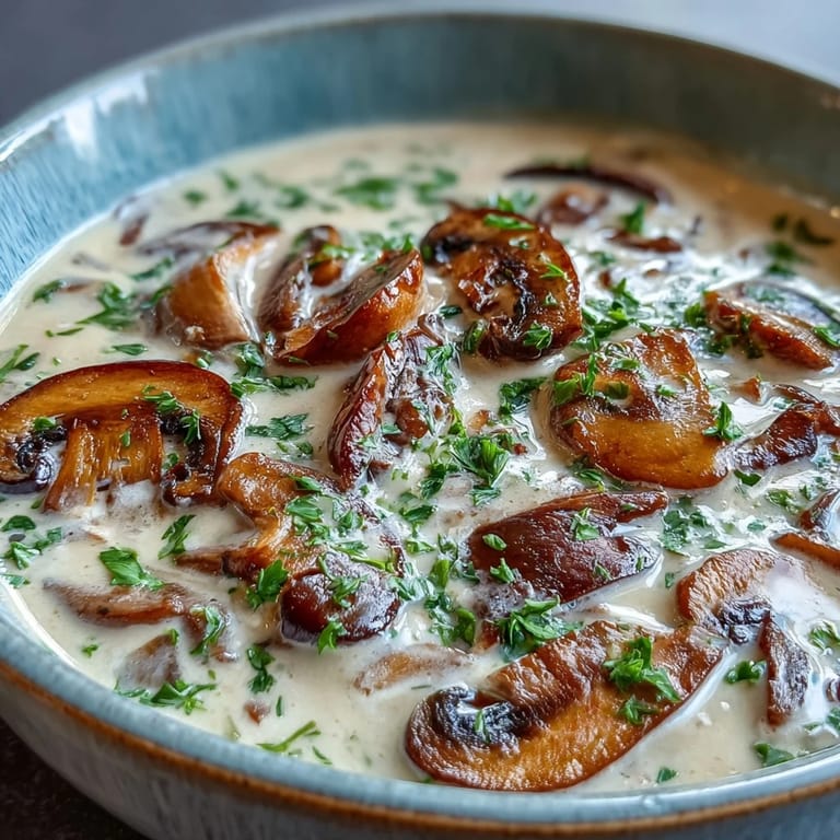 Rich Creamy Mushroom Stroganoff Soup with golden-brown mushrooms and a swirl of sour cream, perfect for comforting weeknight dinners.