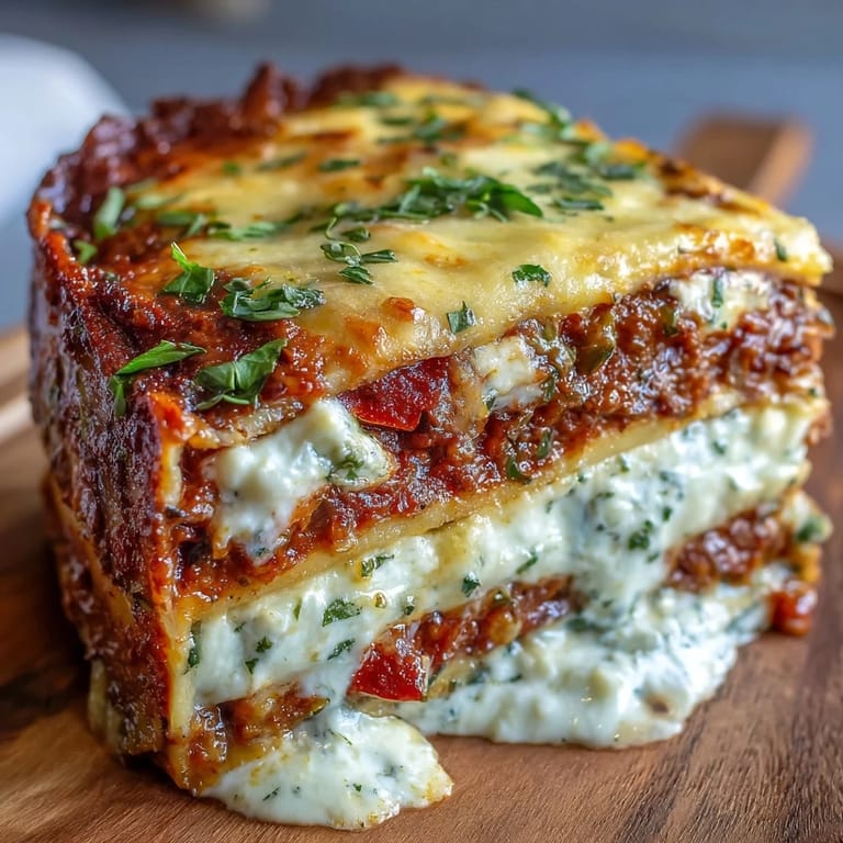 Close-up of hearty One-Pan Smoky Veggie Lentil Lasagne with a rustic crusty bread side.