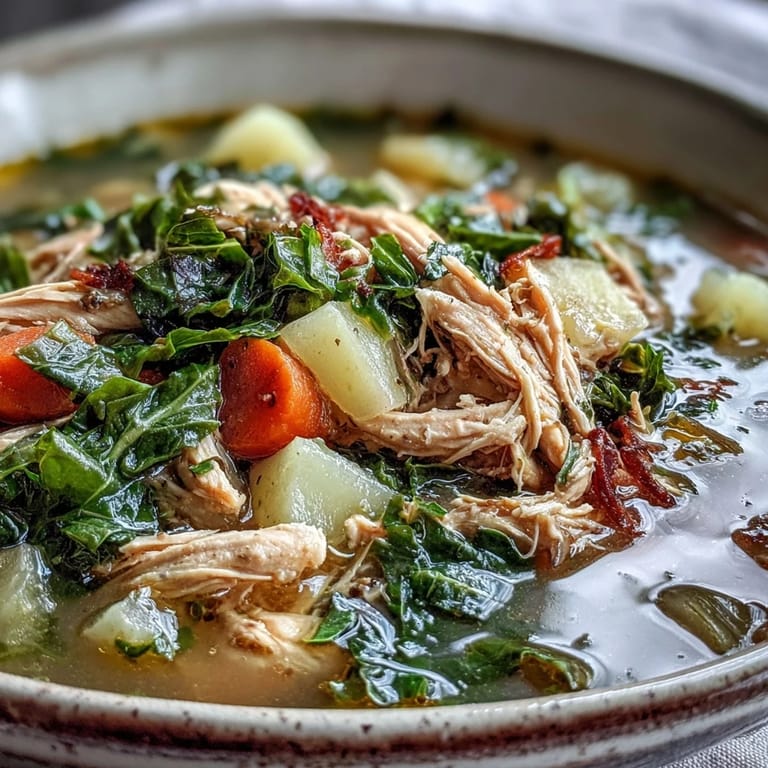 Steaming Collard Greens, Chicken and Vegetable Soup in a rustic bowl, garnished with fresh herbs and a ladle nearby.
